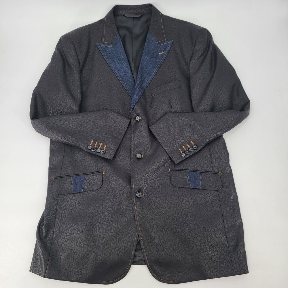 Pallini Mens 44R Black Leopard & Blue Denim Trim Western Style 2-Vent Blazer